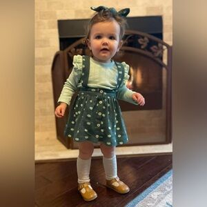 Kate Quinn Pointelle Green Flutter Shirt, Apple Print Skirt & Bow Headband